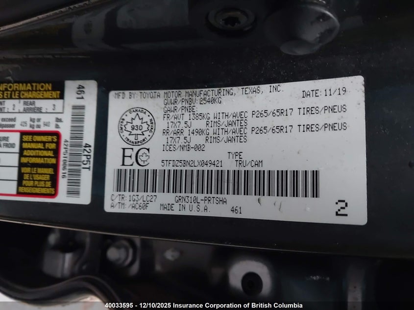 5TFDZ5BN2LX049421 2020 TOYOTA TACOMA photo no. 9