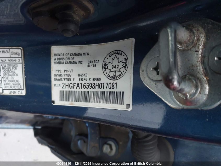 2008 Honda Civic VIN: 2HGFA16598H017081 Lot: 40034910