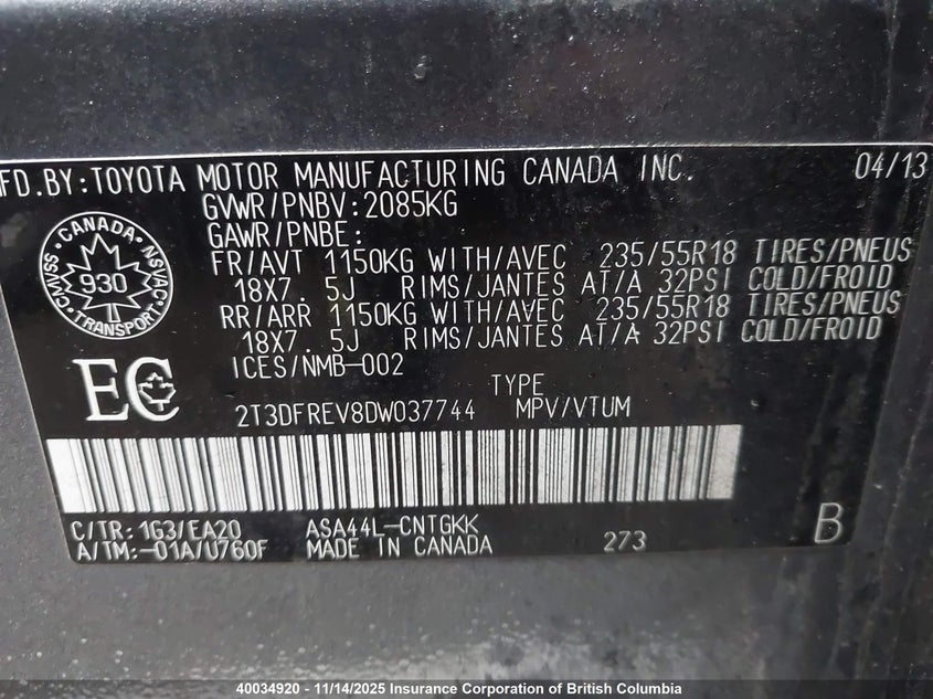 2T3DFREV8DW037744 2013 TOYOTA RAV 4 photo no. 9