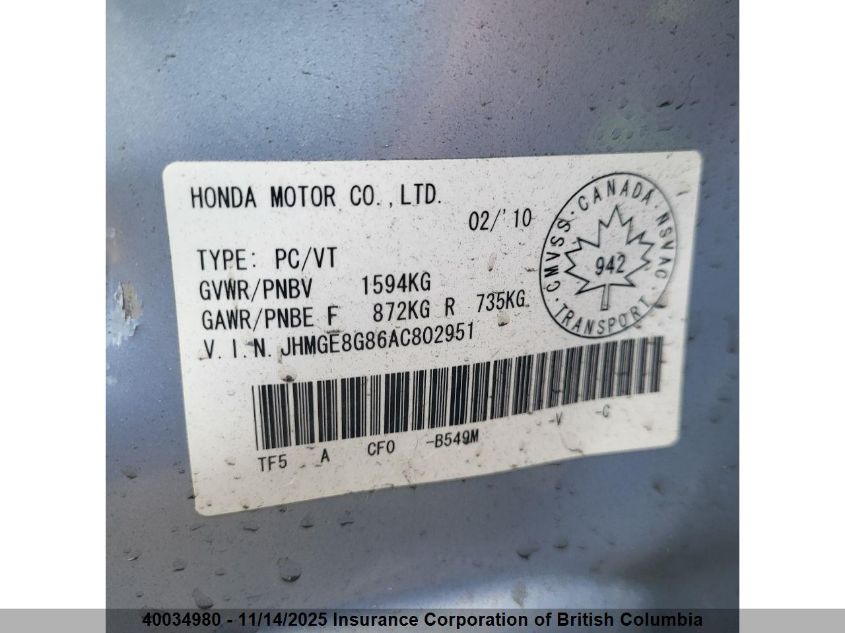 2010 Honda Fit VIN: JHMGE8G86AC802951 Lot: 40034980