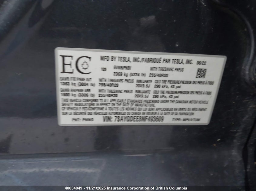 7SAYGDEE8NF493609 2022 TESLA MODEL Y photo no. 9