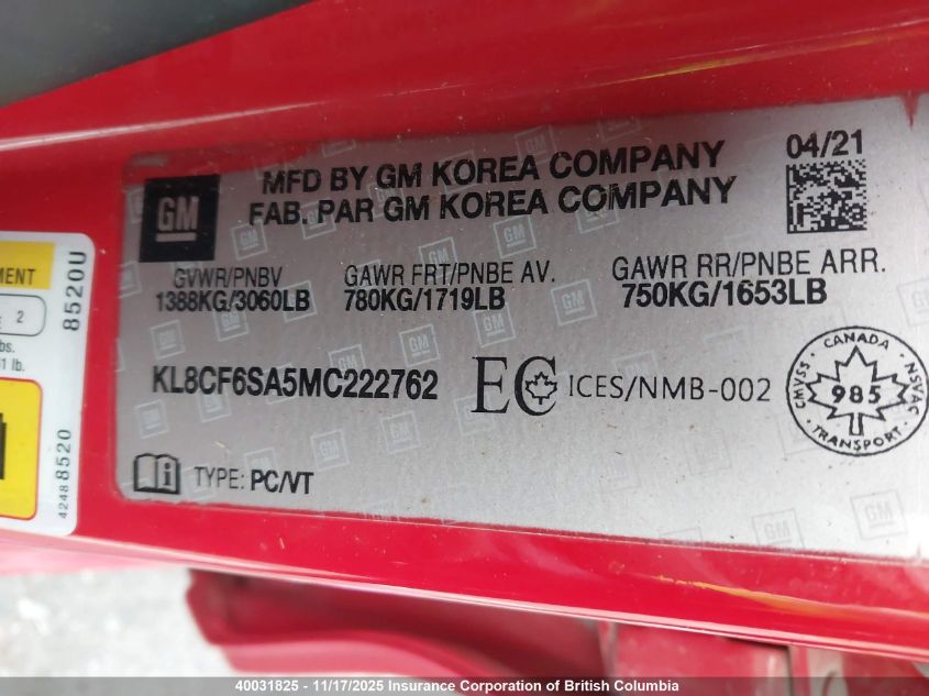 2021 Chevrolet Spark 2Lt VIN: KL8CF6SA5MC222762 Lot: 40031825