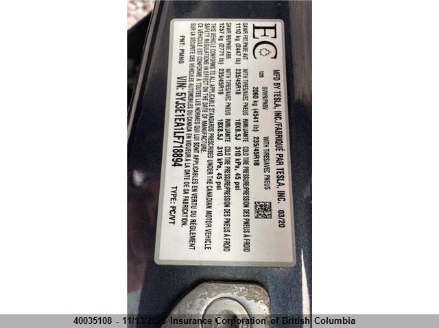 2020 Tesla Model 3 VIN: 5YJ3E1EA1LF718894 Lot: 40035108