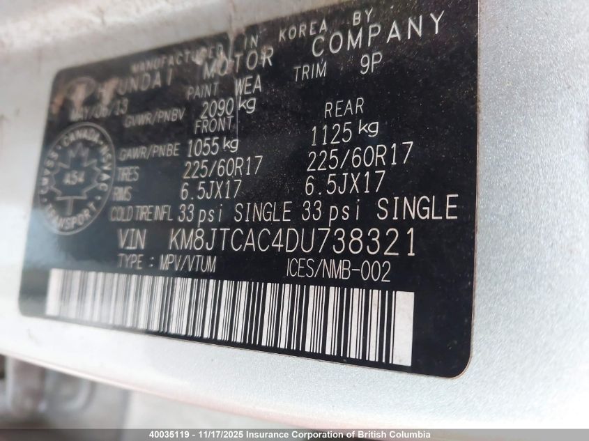 2013 Hyundai Tucson Gl VIN: KM8JTCAC4DU738321 Lot: 40035119