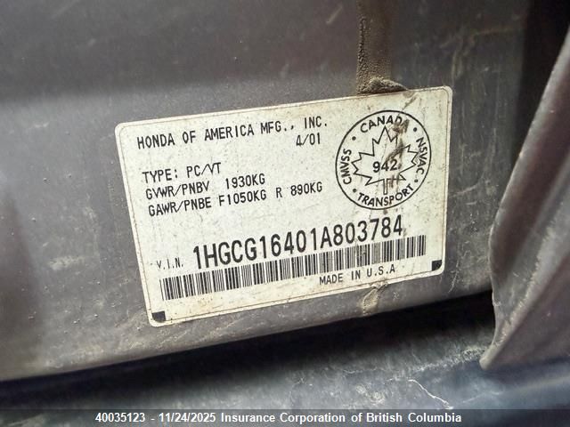 2001 Honda Accord Lx VIN: 1HGCG16401A803784 Lot: 40035123