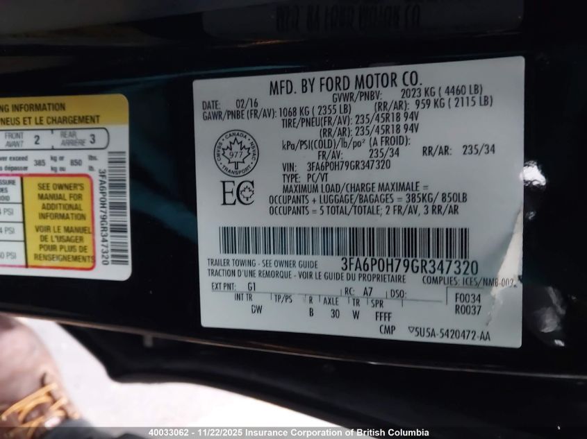 2016 Ford Fusion Se VIN: 3FA6P0H79GR347320 Lot: 40033062