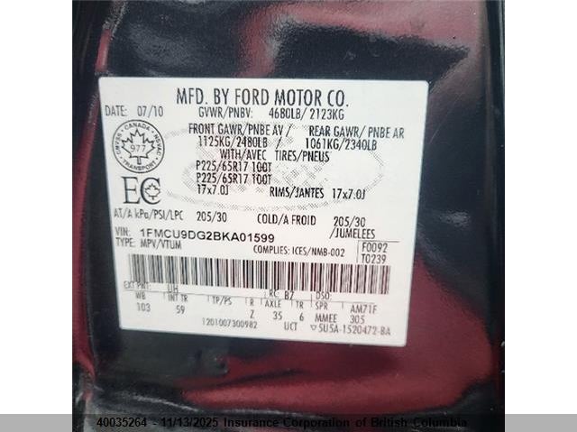 2011 Ford Escape Xlt VIN: 1FMCU9DG2BKA01599 Lot: 40035264