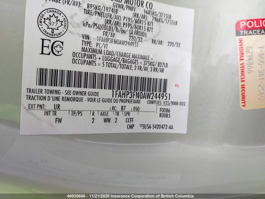 1FAHP3FN0AW244951 2010 FORD FOCUS photo no. 9