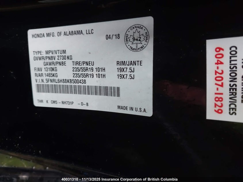 5FNRL6H88KB500438 2019 HONDA ODYSSEY photo no. 9