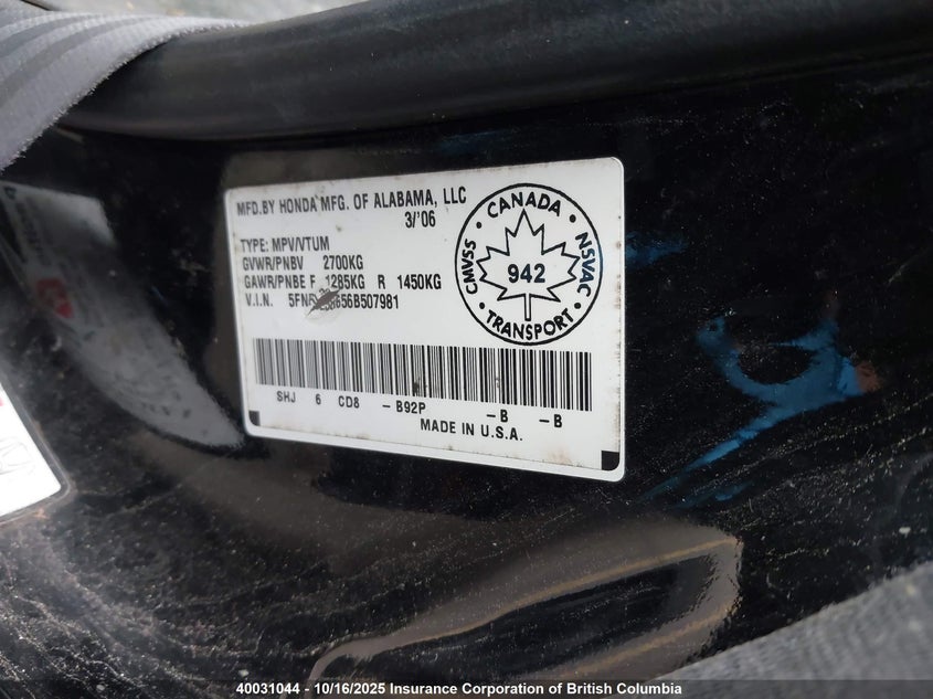 5FNRL38656B507981 2006 HONDA ODYSSEY photo no. 9