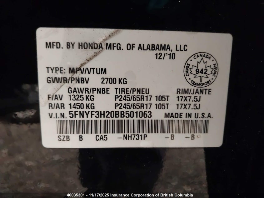 2011 Honda Pilot VIN: 5FNYF3H20BB501063 Lot: 40035301