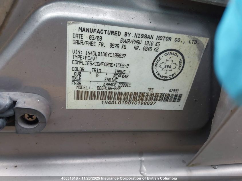 2000 Nissan Altima Xe/Gxe/Se/Gle VIN: 1N4DL01D0YC198637 Lot: 40031618