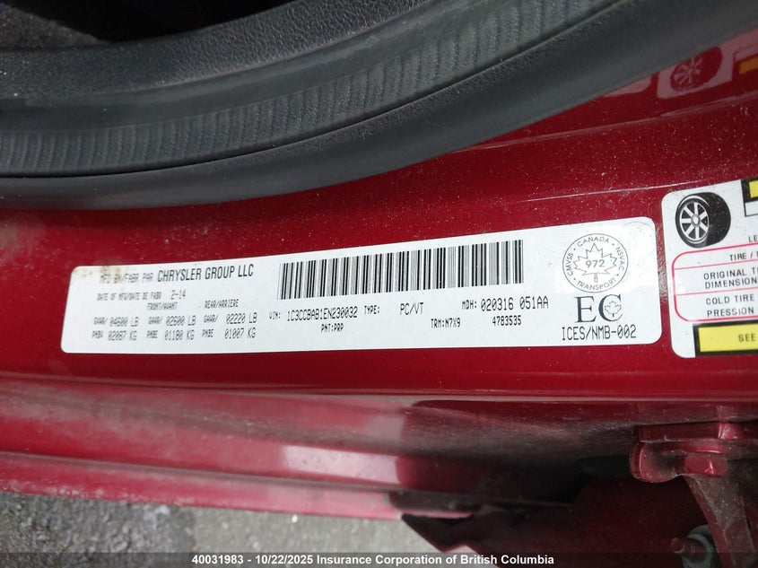 2014 Chrysler 200 Lx VIN: 1C3CCBAB1EN230032 Lot: 40031983