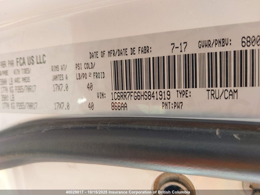 2017 Ram 1500 St VIN: 1C6RR7FG6HS841919 Lot: 40029817