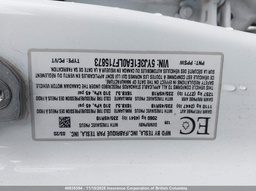 5YJ3E1EA0LF715873 2020 TESLA MODEL 3 photo no. 9