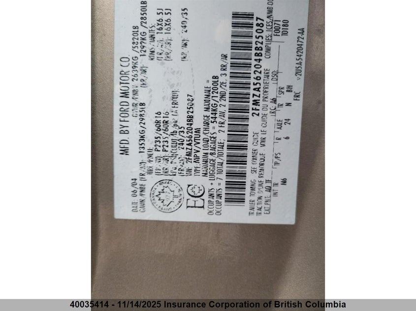 2FMZA56204BB25087 2004 FORD FREESTAR photo no. 11
