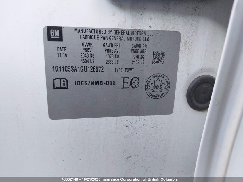 2016 Chevrolet Malibu Limited Lt VIN: 1G11C5SA1GU126572 Lot: 40032140