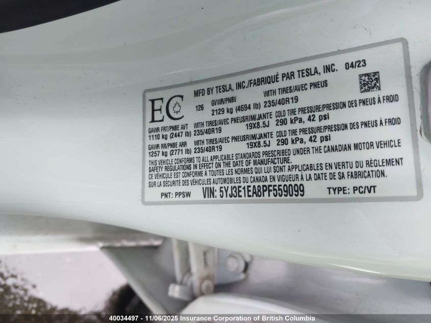 2023 Tesla Model 3 VIN: 5YJ3E1EA8PF559099 Lot: 40034497