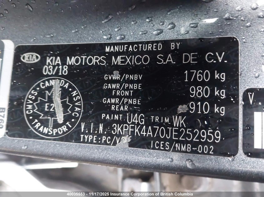 2018 Kia Forte VIN: 3KPFK4A70JE252959 Lot: 40035553
