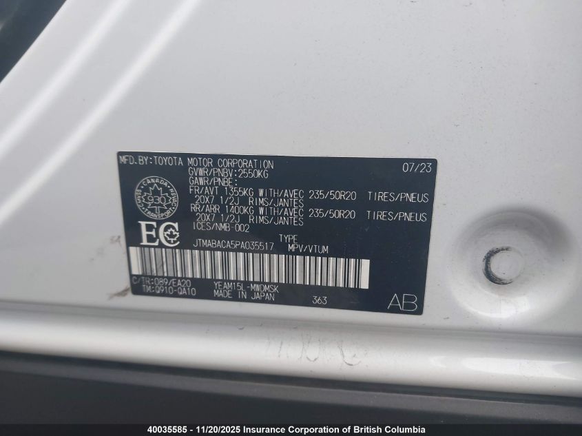 2023 Toyota Bz4X VIN: JTMABACA5PA035517 Lot: 40035585
