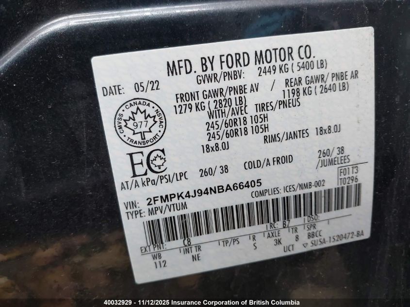 2022 Ford Edge Sel VIN: 2FMPK4J94NBA66405 Lot: 40032929