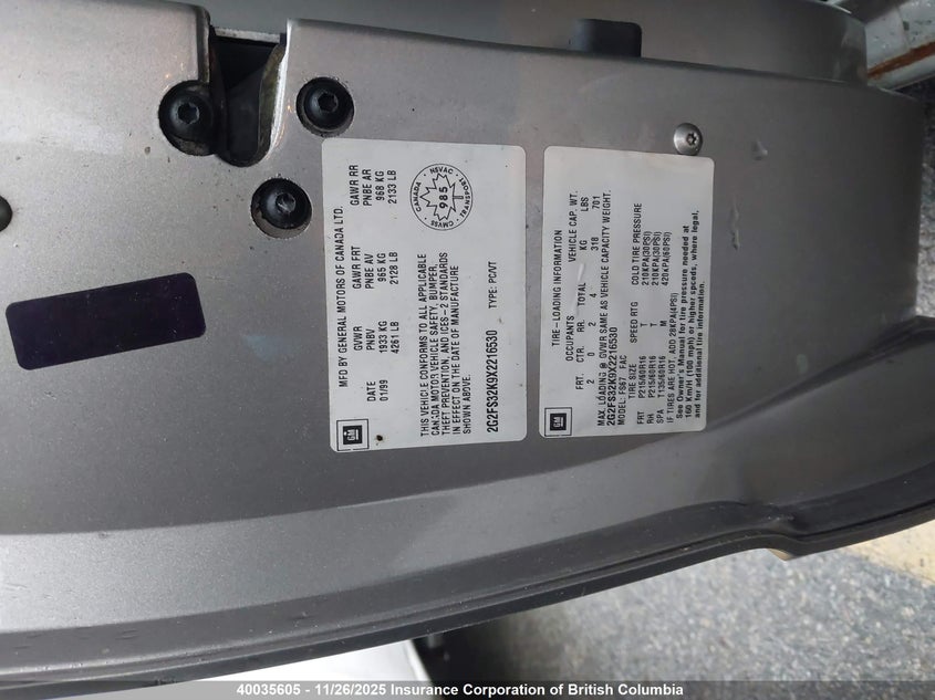 1999 Pontiac Firebird VIN: 2G2FS32K9X2216530 Lot: 40035605