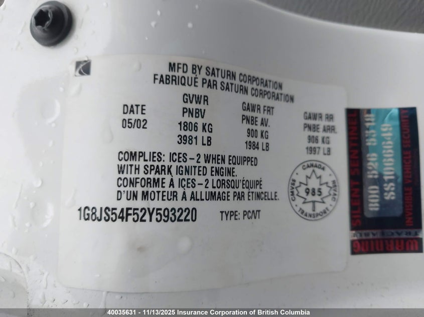 1G8JS54F52Y593220 2002 SATURN  photo no. 9
