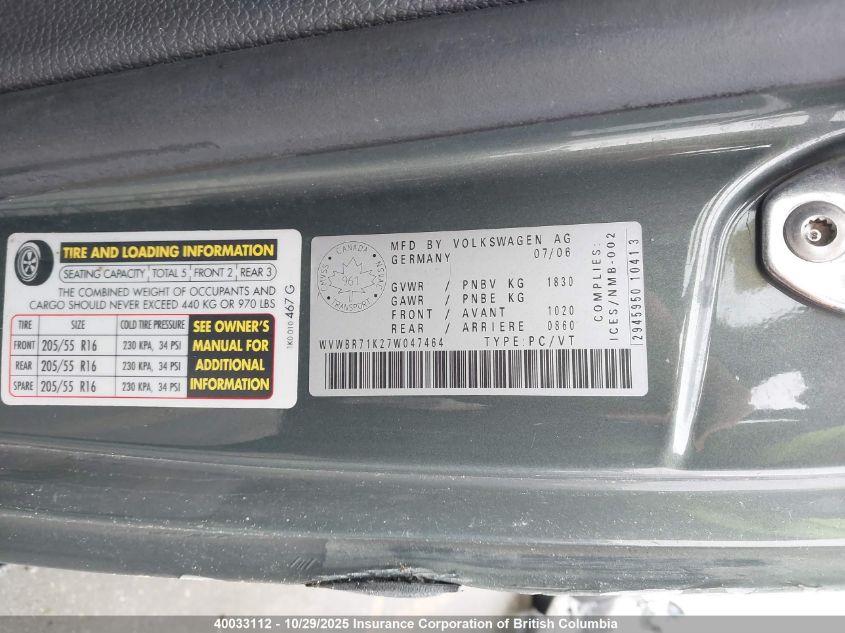 2007 Volkswagen Rabbit VIN: WVWBR71K27W047464 Lot: 40033112