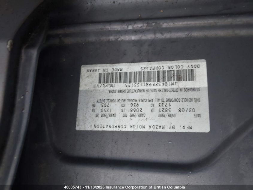 2008 Mazda 3 I VIN: JM1BK32F981133125 Lot: 40035743