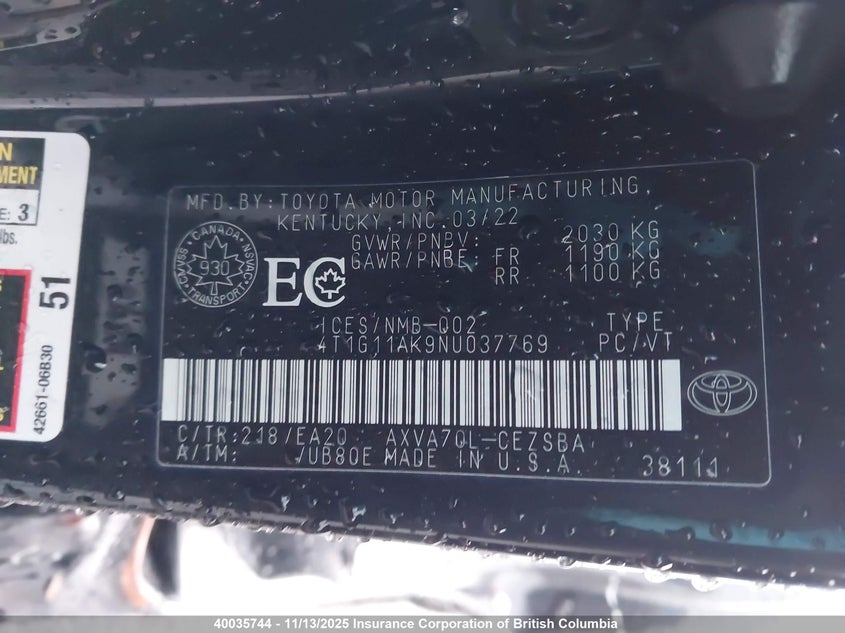 4T1G11AK9NU037769 2022 TOYOTA CAMRY photo no. 9