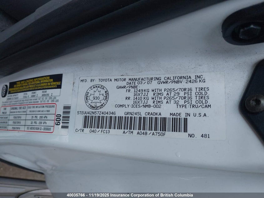 5TEUU42N57Z404346 2007 TOYOTA TACOMA photo no. 9