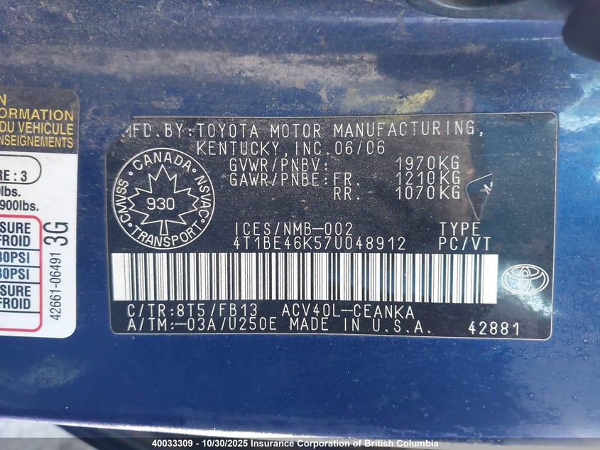 4T1BE46K57U048912 2007 TOYOTA CAMRY photo no. 9
