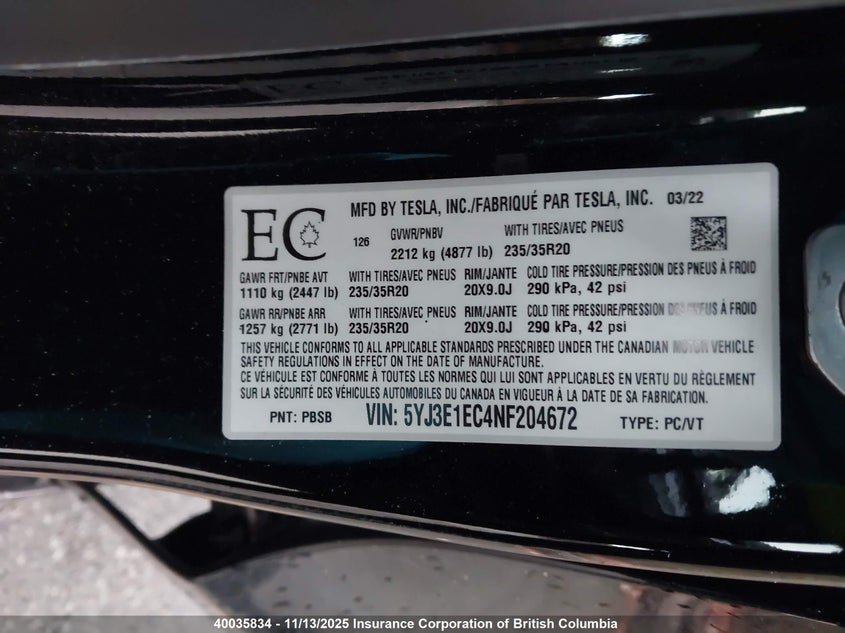 5YJ3E1EC4NF204672 2022 TESLA MODEL 3 photo no. 9