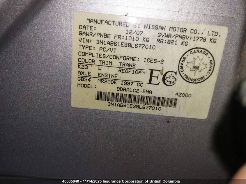 3N1AB61E38L677010 2008 NISSAN SENTRA photo no. 9