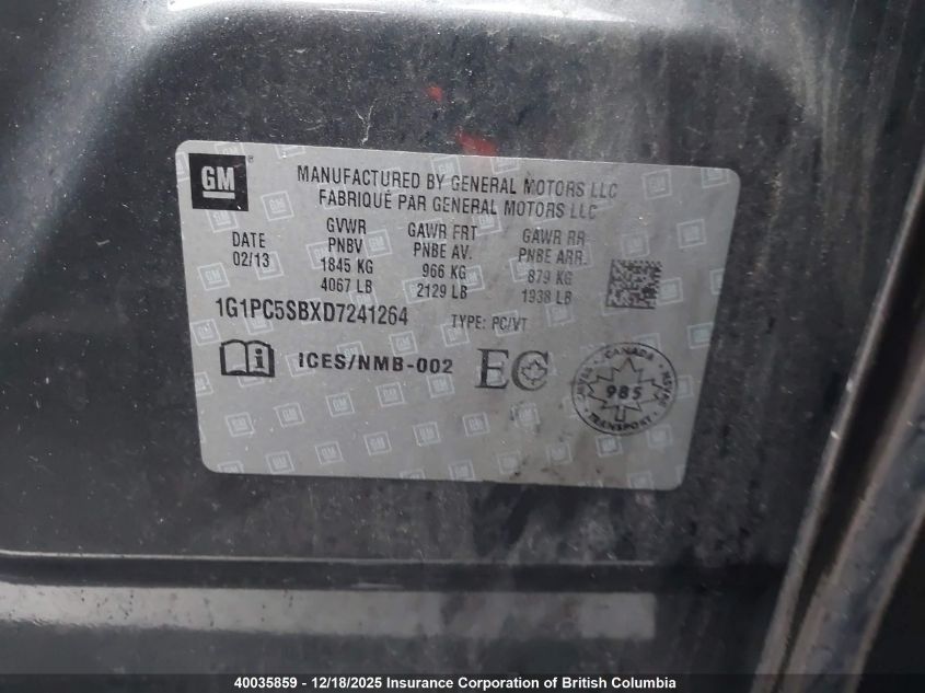 2013 Chevrolet Cruze VIN: 1G1PC5SBXD7241264 Lot: 40035859