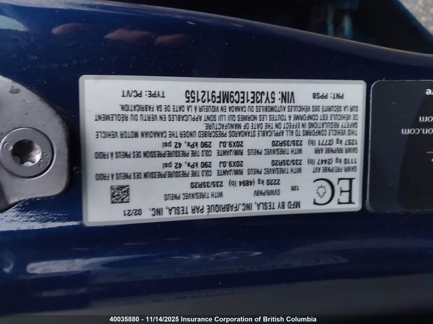 5YJ3E1EC9MF912155 2021 TESLA MODEL 3 photo no. 9