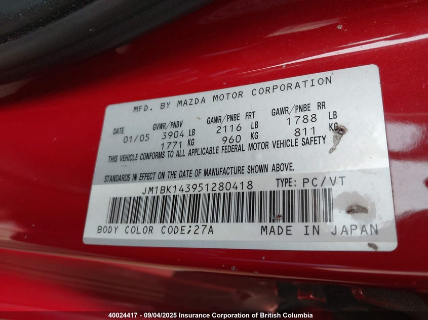 JM1BK143951280418 2005 MAZDA 3 photo no. 2