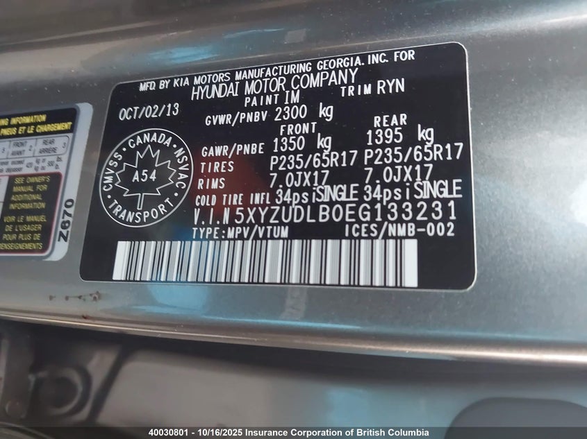 5XYZUDLB0EG133231 2014 HYUNDAI SANTA FE photo no. 9