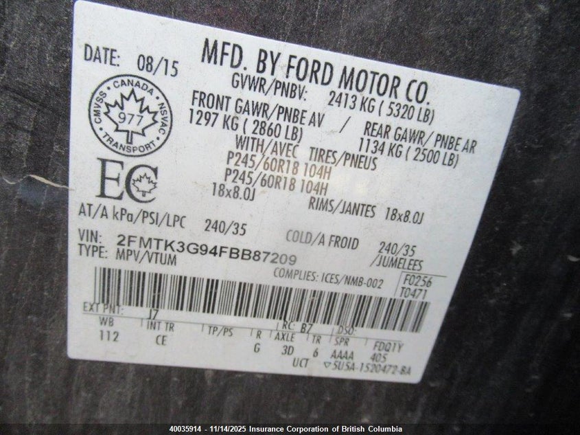 2FMTK3G94FBB87209 2015 FORD EDGE photo no. 11