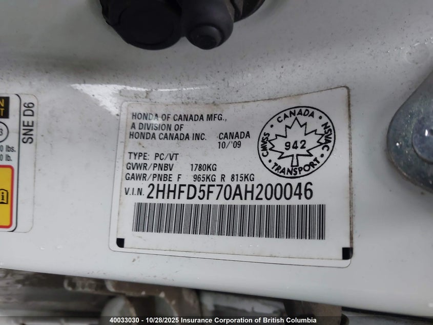 2HHFD5F70AH200046 2010 ACURA CSX photo no. 9