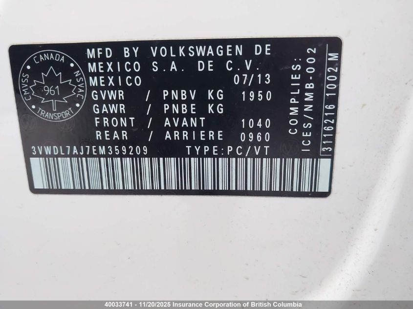 2014 Volkswagen Jetta Tdi VIN: 3VWDL7AJ7EM359209 Lot: 40033741