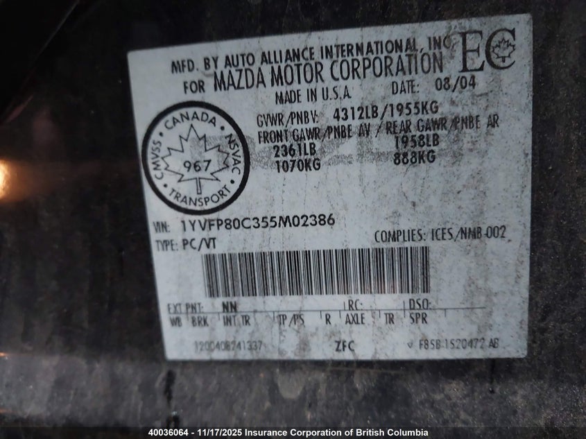 1YVFP80C355M02386 2005 MAZDA 6 photo no. 9