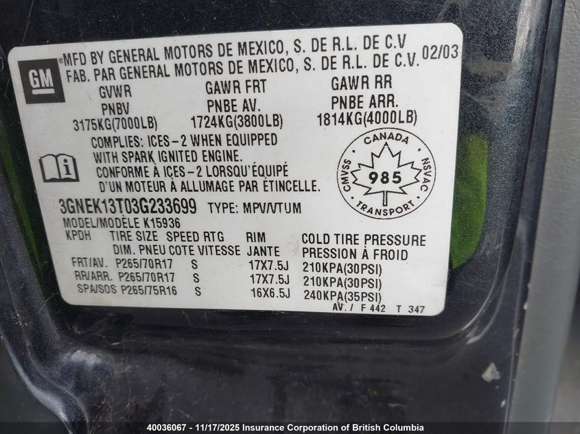 3GNEK13T03G233699 2003 CHEVROLET AVALANCHE photo no. 9