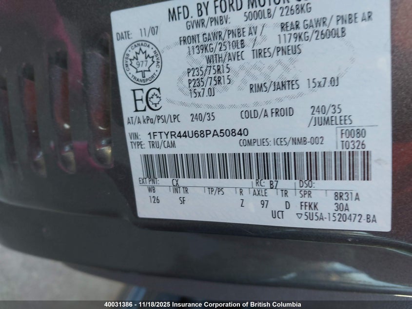 1FTYR44U68PA50840 2008 FORD RANGER photo no. 9