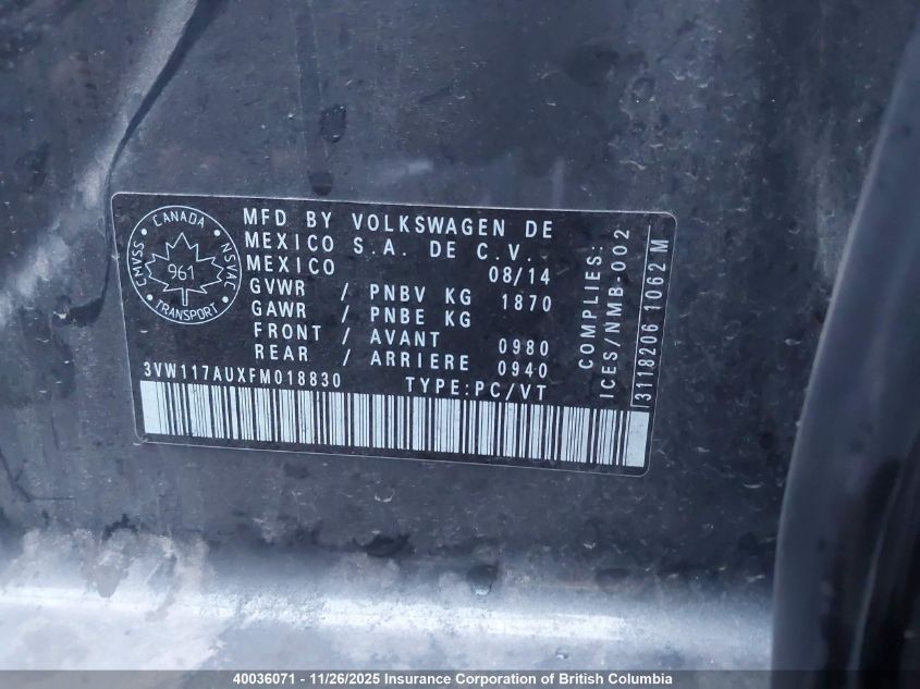 2015 Volkswagen Golf VIN: 3VW117AUXFM018830 Lot: 40036071