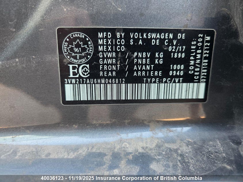 2017 Volkswagen Golf VIN: 3VW217AU6HM046812 Lot: 40036123
