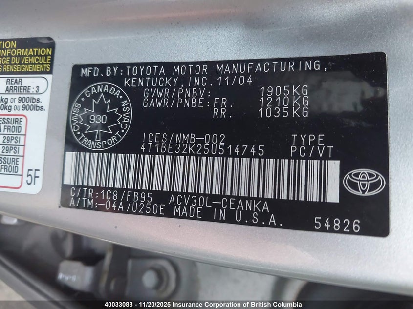 4T1BE32K25U514745 2005 TOYOTA CAMRY photo no. 9