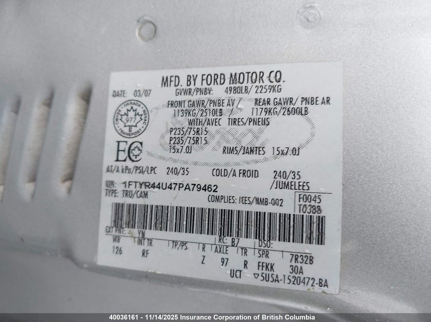1FTYR44U47PA79462 2007 FORD RANGER photo no. 9