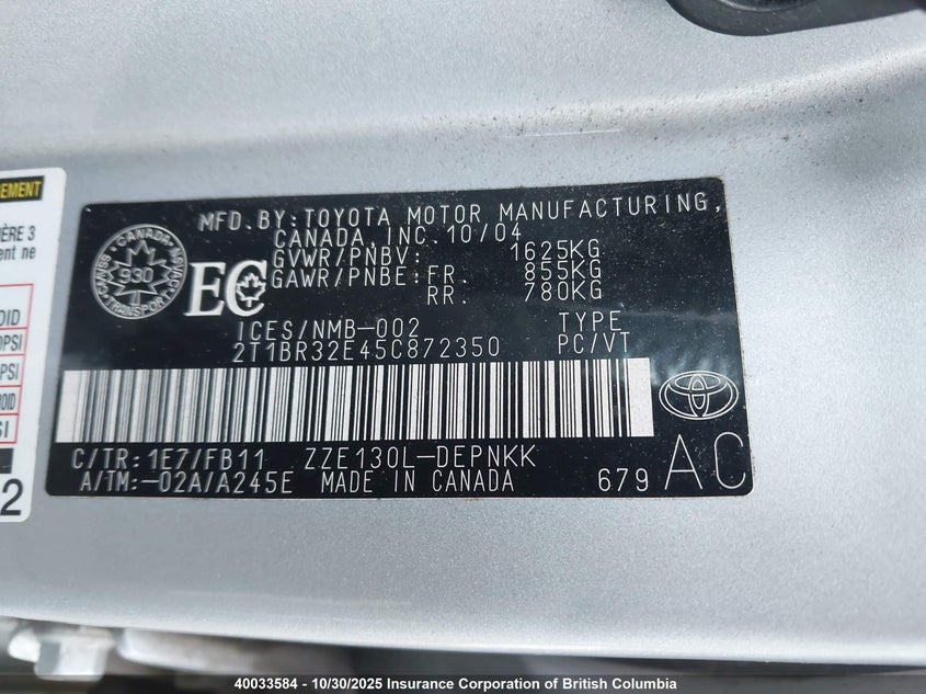 2005 Toyota Corolla Ce/Le/S VIN: 2T1BR32E45C872350 Lot: 40033584