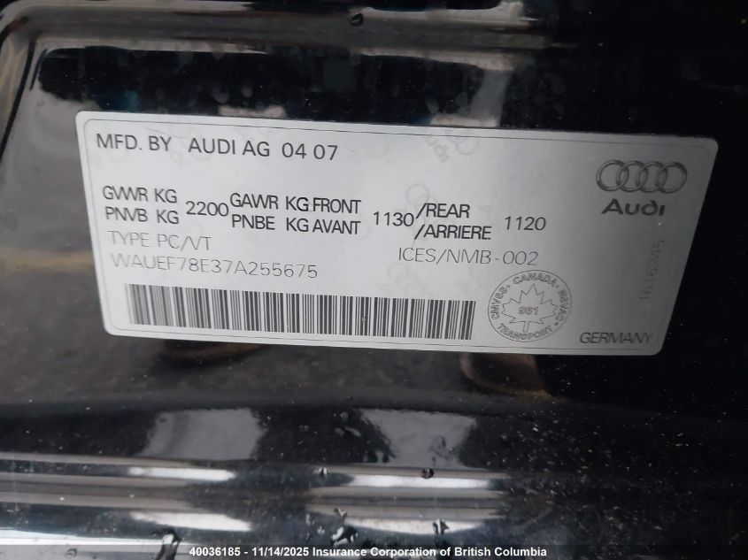 2007 Audi A4 VIN: WAUEF78E37A255675 Lot: 40036185
